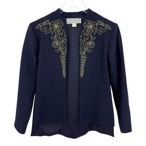 Beyond Vintage Navy Blue Gold Embroidered Open Front Blazer Jacket Size Small